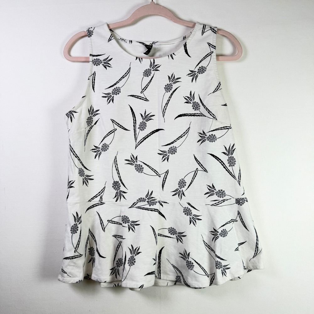 ANN TAYLOR White Black Pineapple Print Peplum Sleeveless Top Large